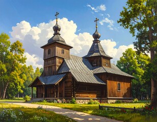 Rustic Wooden Church Amidst Verdant Landscape
