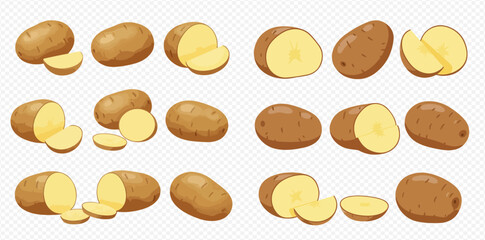 A collection of whole, halved, and sliced brown potatoes with yellow flesh, presented on a transparent background.