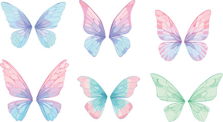 Butterfly wing vector set, colorful insect wings, gradient clipart design, symmetrical nature elements, pastel wing illustration, editable stock artwork