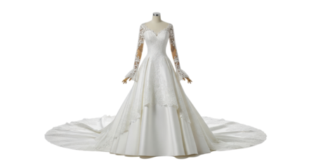 Elegant long sleeved wedding dress for bride isolated PNG with Transparent Background