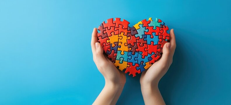 Two hands holding a colorful heart-shaped puzzle piece against a blue background symbolizing unity and care