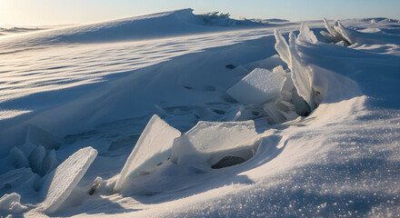 Frozen Ice Shards Sparkling in Snowy Winter Landscape at Sunrise