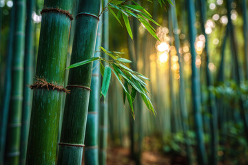 Blurred green bamboo forest with tall stalks and soft sunlight filtering through