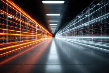 Neon-lit server room corridor with glowing light trails and illuminated central hub