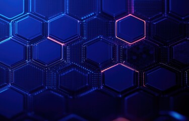 Abstract technology background featuring a dark blue hexagonal grid with neon pink and blue glowing edges and digital detail elements