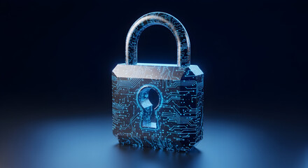Digital padlock with glowing circuit patterns symbolizing cybersecurity and data protection in a modern technological world on transparent background