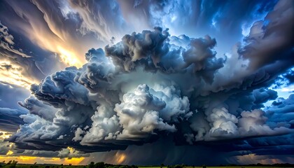 Naklejka premium A colossal cloud formation dominating the sky, presenting dynamic swirling layers of gray, white, and a touch of yellow. Dramatic landscape beneath