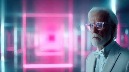 Stern Senior Man with Gray Hair Wearing Futuristic Glasses and White Suit in a Neon Lit Corridor with Pink and Blue Lights