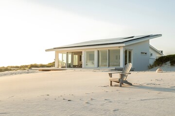 Fototapeta premium Modern Beach House with Solar Panels and Adirondack Chair on Sandy Shoreline at Sunset architecture