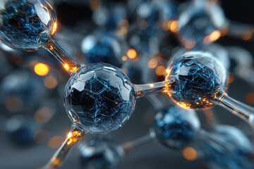 Macro view of water molecules forming an ice crystal lattice with glowing blue edges