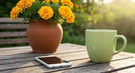 Outdoor wooden table with marigolds phone and green mug outdoor table yellow flowers