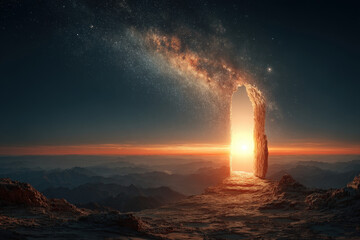 Surreal door opening to a glowing galaxy with vibrant cosmic colors and light