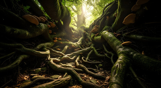 Gnarled Tree Roots with Moss and Fungi in Forest Setting