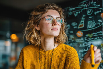 Professional businesswoman drawing glowing strategy map on transparent glass wall