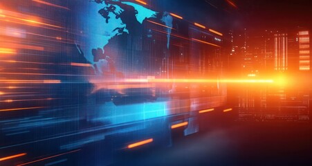 Abstract digital world map with dynamic glowing blue and orange light streaks representing fast data flow in a futuristic technology environment