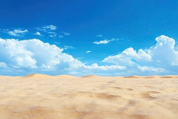 Expansive sandy desert under a bright blue sky filled with fluffy white clouds evoking a sense of openness and tranquility