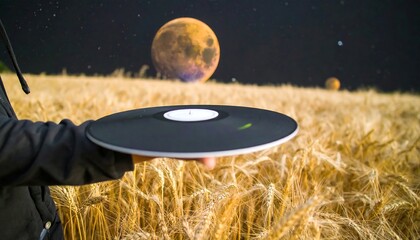 A hand holds a record in a golden wheat field under a night sky with a large orange moon
