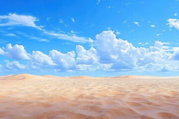 Vast sandy desert under bright blue sky with large white fluffy clouds creating a peaceful and expansive atmosphere