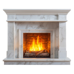 Elegant white marble fireplace with a warm glowing fire and logs isolated on transparent background