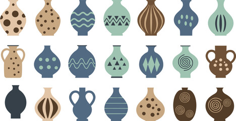 Pottery vases, ceramic collection, decorative design, cultural art, handmade texture, vintage style, vector set, traditional pattern, artistic icon, colorful shapes