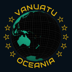 Republic of Vanuatu on Globe. Round country and continent name text. Country view on world map in Black Emerald color palette. Vanuatu shape on map. Classy vector illustration.