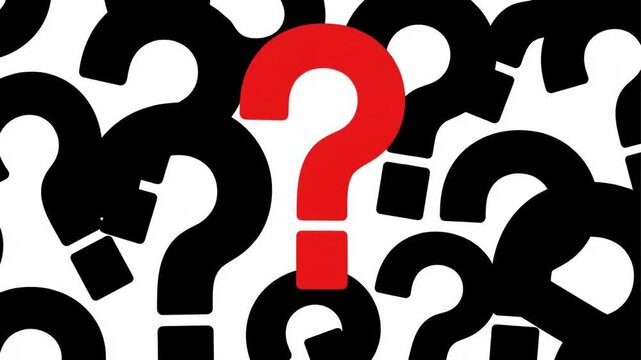 Animated pattern of black question marks on white, with one red question mark highlighting a central query or unique solution. Perfect for themes of inquiry, doubt, answers.