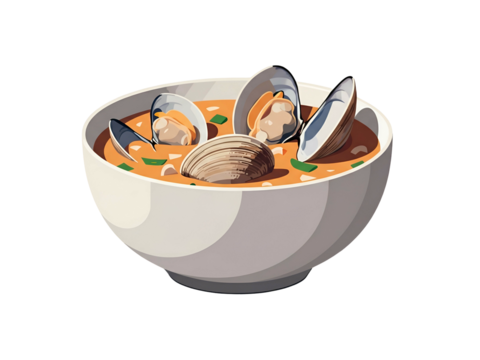 A detailed illustration of a bowl filled with creamy clam chowder, garnished with open clams.