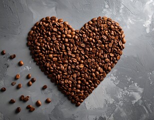 Roasted coffee beans arranged into a heart shape on a textured backdrop