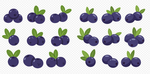 Collection of cartoon blueberries with green leaves in various arrangements, depicting fresh, ripe fruit.