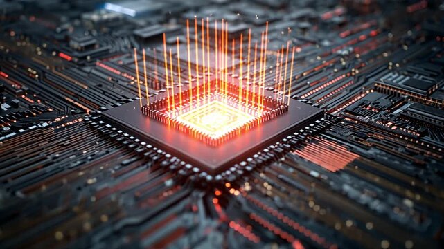 Central Processor: A high-angle view showcases the intricacies of a CPU in a vibrant, artistic portrayal. The component, glowing with energy, is embedded within a futuristic circuit board.