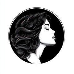 Black and white artistic illustration of a serene woman with flowing hair in profile against a dark circular background, expressing calmness and elegance