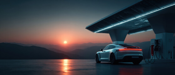 Electric car charging at modern highway station during vibrant sunset