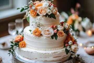 Three-tier white frosted cake decorated with orange and white roses and green leaves on a silver stand in a softly lit room