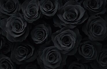 Close-up view of multiple black roses arranged tightly together creating a dark and elegant floral texture with a mysterious and dramatic atmosphere