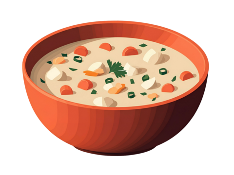 A vibrant illustration of a creamy soup with vegetables served in a red bowl.