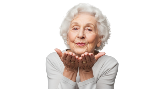 Elderly woman blowing a kiss with her hands cupped, isolated on transparent background
