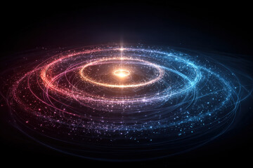 Neon vinyl record floating in space with glowing soundwaves radiating outward