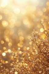Close-up of delicate plant branches with sparkling water droplets glowing warmly in golden sunlight creating a dreamy and serene atmosphere