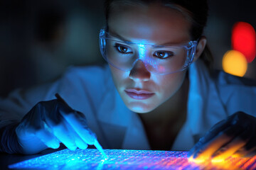 Scientist examining DNA model under bright lights in modern laboratory setting