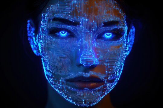 Close-up of a face with glowing blue circuit lines and bright blue eyes in a dark background, conveying a futuristic and technological emotion