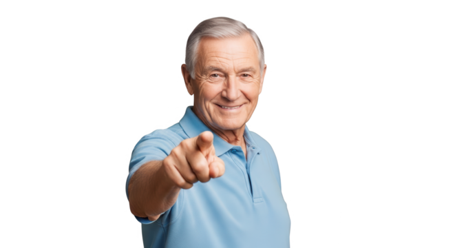 Elderly man pointing at the camera with a smile, isolated on transparent background