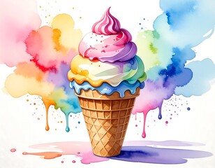 Rainbow Ice Cream Delightful Watercolor Illustration