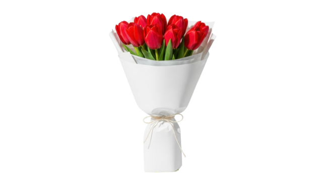 Bouquet of vibrant red tulips wrapped in white paper for gifting isolated PNG with Transparent Background