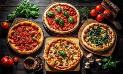 Four artisanal pizzas with various toppings including spinach, mushrooms, and fresh basil leaves on rustic wooden table with fresh tomatoes and herbs scattered around