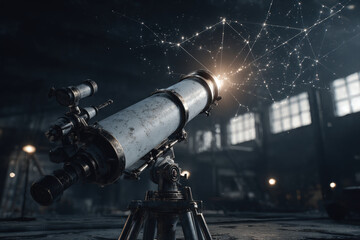 Telescope in dark observatory with glowing constellation lines projected in air