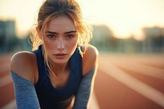 Focused young woman athlete with intense gaze resting on running track during golden hour