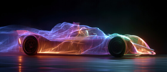 Glowing silk ribbons visualize invisible airflow around a racing car in aerodynamic study