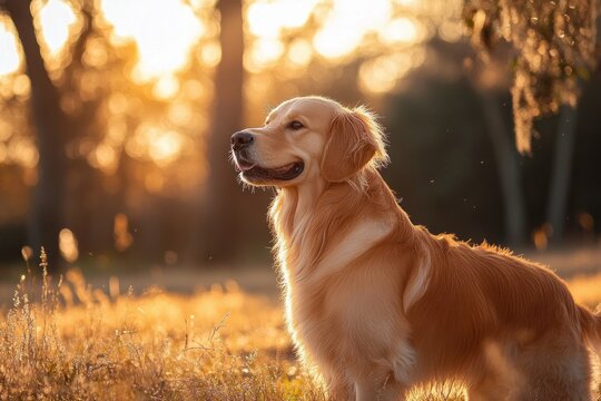 Golden retriever dog standing in a sunlit field during golden hour with warm glowing background and calm expression