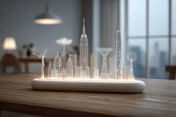 Sunlit coworking desk with eco urban model and glowing renewable energy holograms