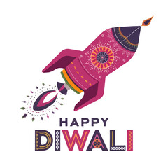 Decorative rocket with happy diwali text isolated on white background